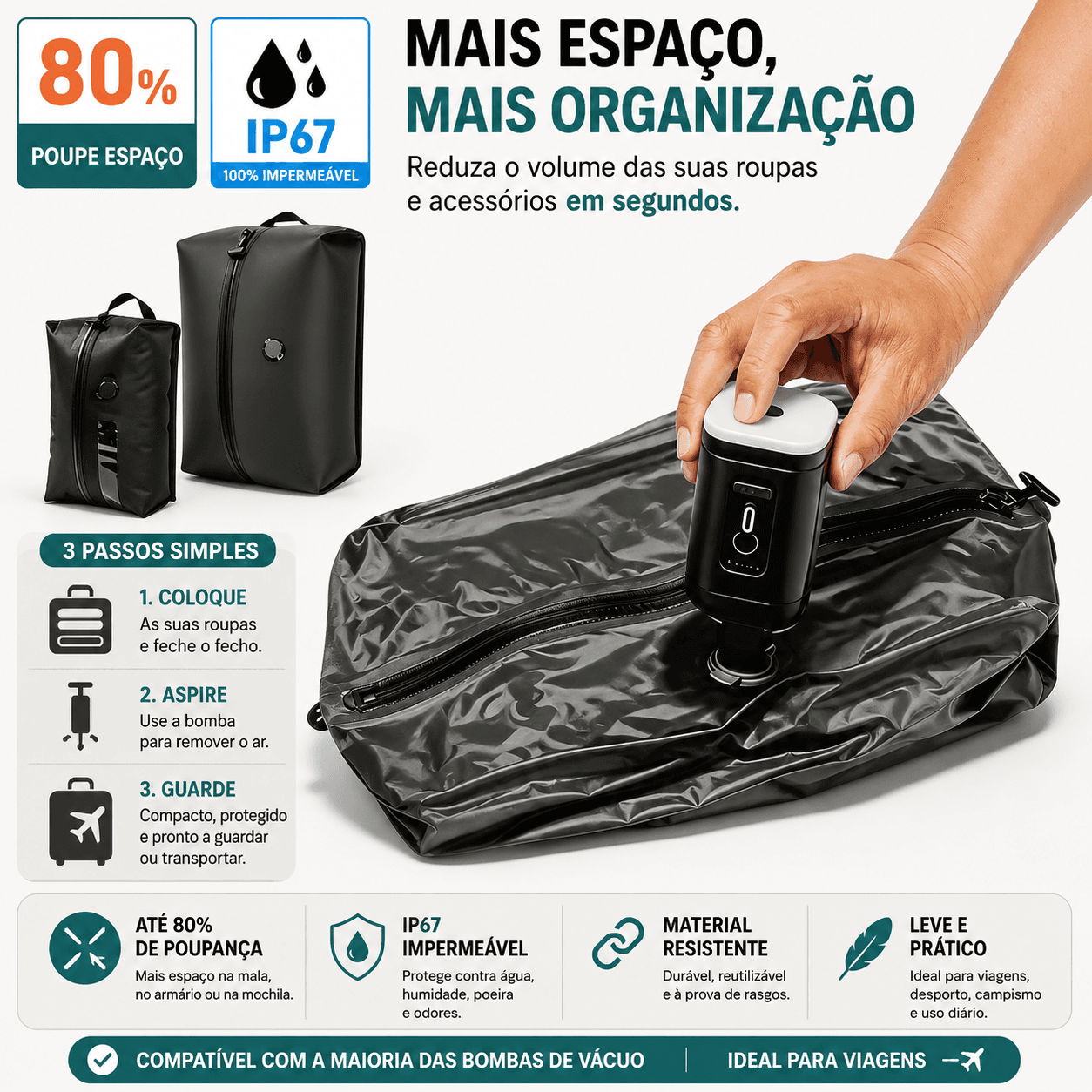 Kit de Sacos de Vácuo para Viagem com Bomba Elétrica