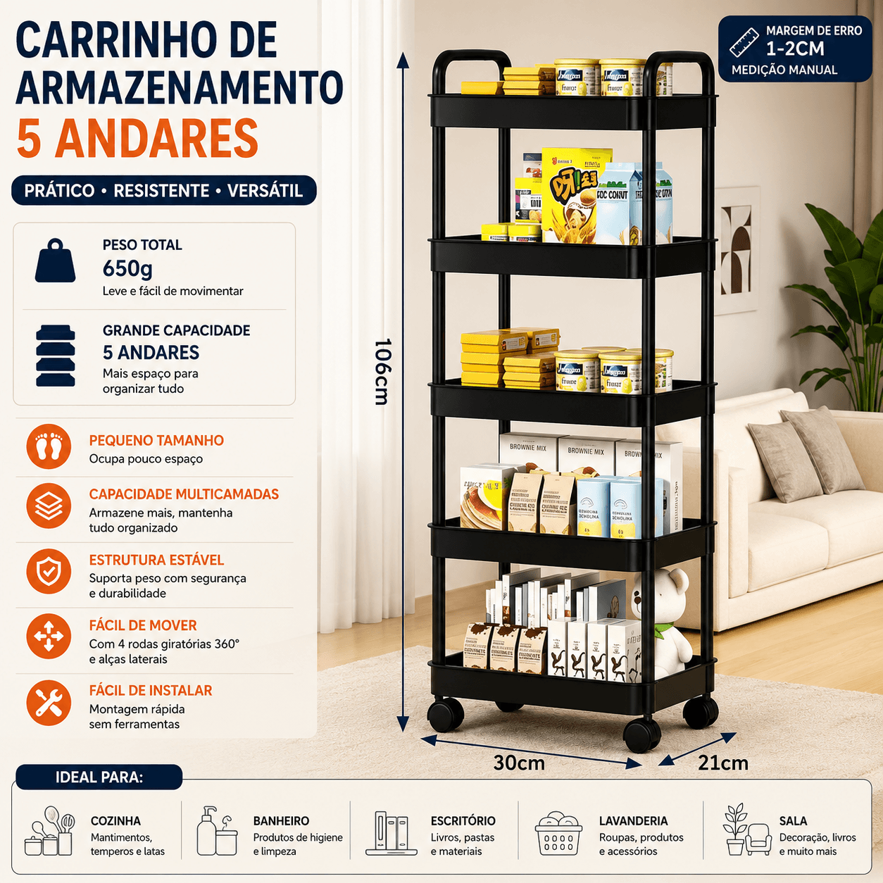Carrinho Organizador 5 Níveis com Rodas